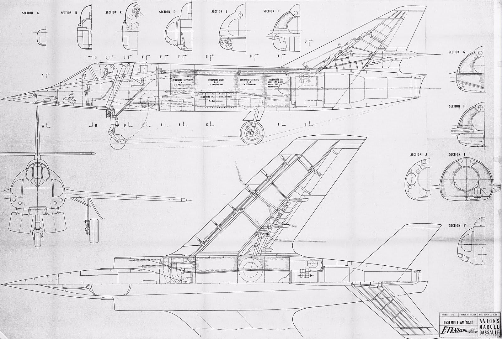 3 view drawings of a selection of Dassault Aviation aircraft
