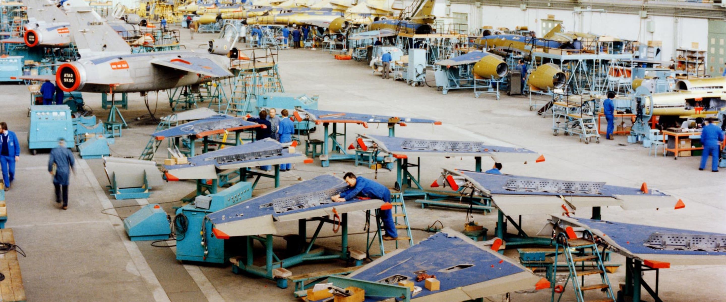 Dassault Aviation facility: Bordeaux-Mérignac, France. Mirage F1 and Super Étendard. Production line.