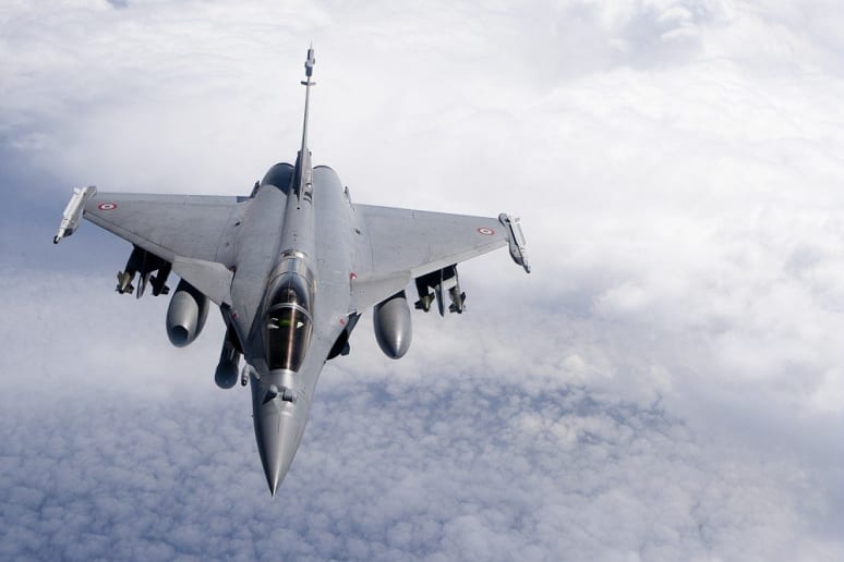 French Air Force Rafale in operations (Opération Harmattan) - In flight view. Fitted with AASM, Mica IR missiles and Damoclès Pod.