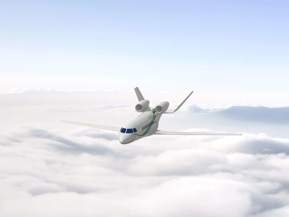Eco-conception : vue d'artiste d'un projet d'avion d'affaires à faible impact acoustique. Projet de recherche européen Clean Sky.