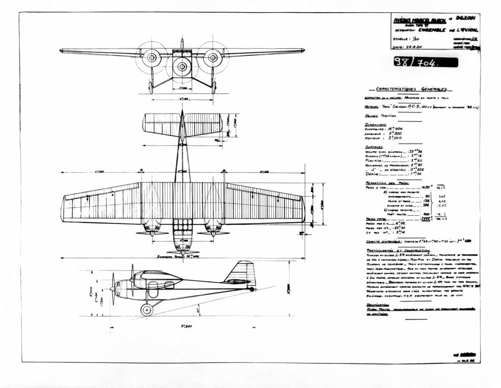 Plan of Bloch Type VI, first plane studied by Marcel Bloch in 1930. Used to develop the three-engine postal MB 60.