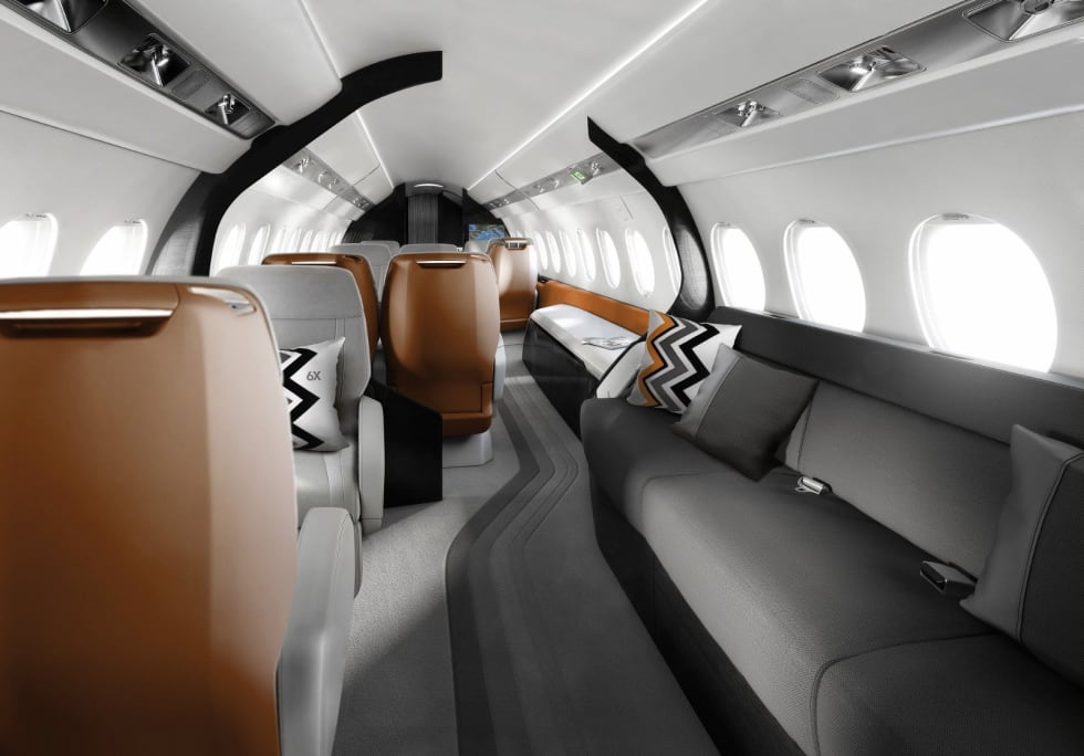 Falcon 6X. Extra-wide body cabin with three lounge.