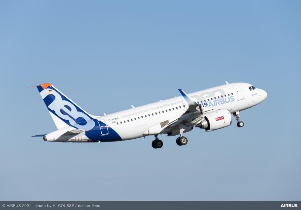 A319neo in flight with 100% sustainable aviation fuel